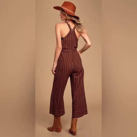 Billabong Bella Day Burgundy Multi Striped Culotte Jumpsuit XS - Picture 2 of 12